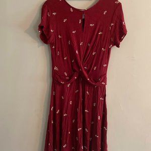 Alya Maroon Twist Dress with Cream Embroidered Flowers Size Large